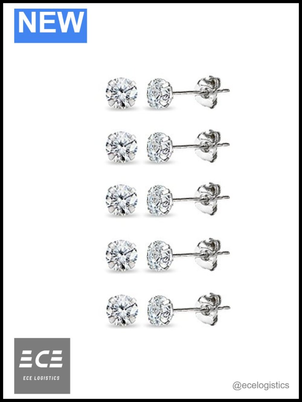 14K White Gold 3mm CZ Stud Earrings 5 Pair Set Unisex Fine Jewelry